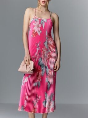 L’Idee Ete Floral Print Pink Pleated Strappy Backless Midi Dress - US 6